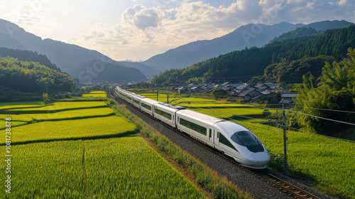 An electric train passing through remote villages, connecting people and goods across regions, promoting development and green mobility photo