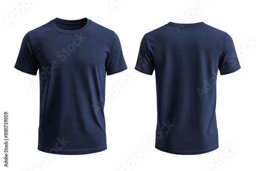 two plain navy blue t-shirts for a mockup with a transparent background. Front and back view