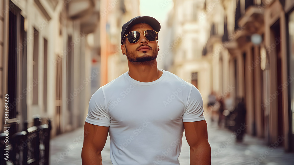 Muscular Man in White T-Shirt and Sunglasses Stands on City Street, Outdoors Summer Fashion Muscular Man in White T-Shirt and Sunglasses Stands on City Street, Outdoors Summer Fashion
