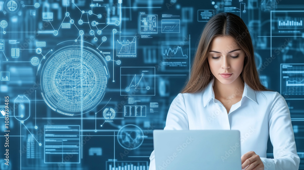 Woman using laptop and AI technologies for creative services. Woman using laptop and AI technologies for creative services.