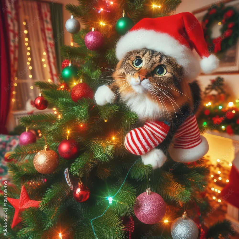 Playful cat enjoying the festive mood at the Christmas tree - quirky holiday scene with curious feline friend Playful cat enjoying the festive mood at the Christmas tree - quirky holiday scene with curious feline friend
