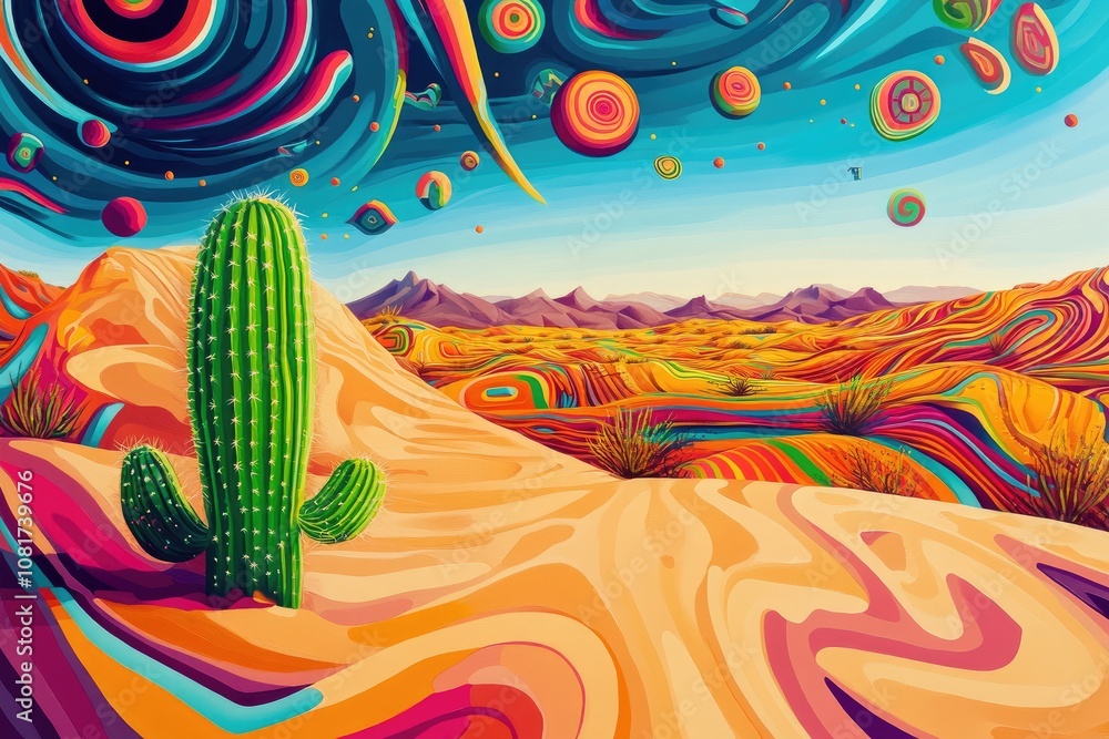 Surreal desert scene with mirrored sand dunes in vivid colors, a bright green cactus, and a sky filled with floating shapes and patterns Surreal desert scene with mirrored sand dunes in vivid colors, a bright green cactus, and a sky filled with floating shapes and patterns