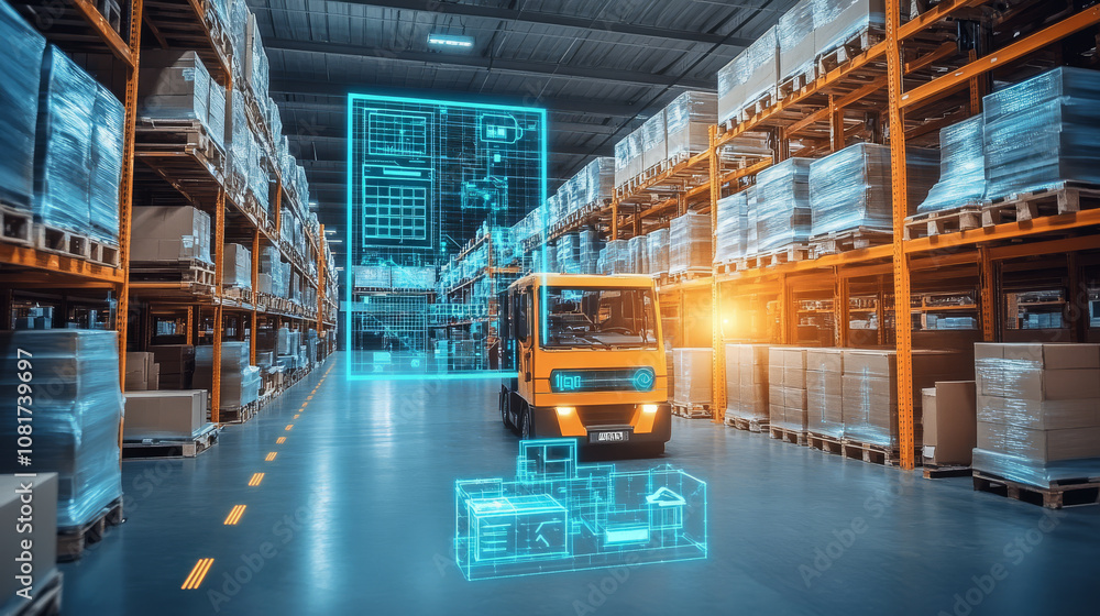 An IoT-powered warehouse using sensors to track inventory and automate logistics, enhancing operational efficiency An IoT-powered warehouse using sensors to track inventory and automate logistics, enhancing operational efficiency