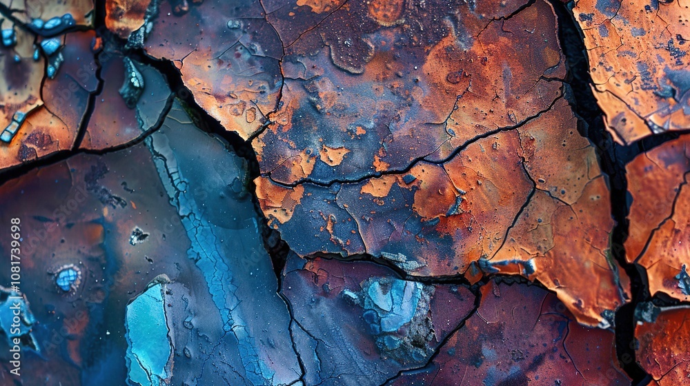 Naklejka premium Close-Up of Cracked Wall Texture - a detailed and textured view of a weathered surface. The intricate cracks reveal a rich palette of colors.
