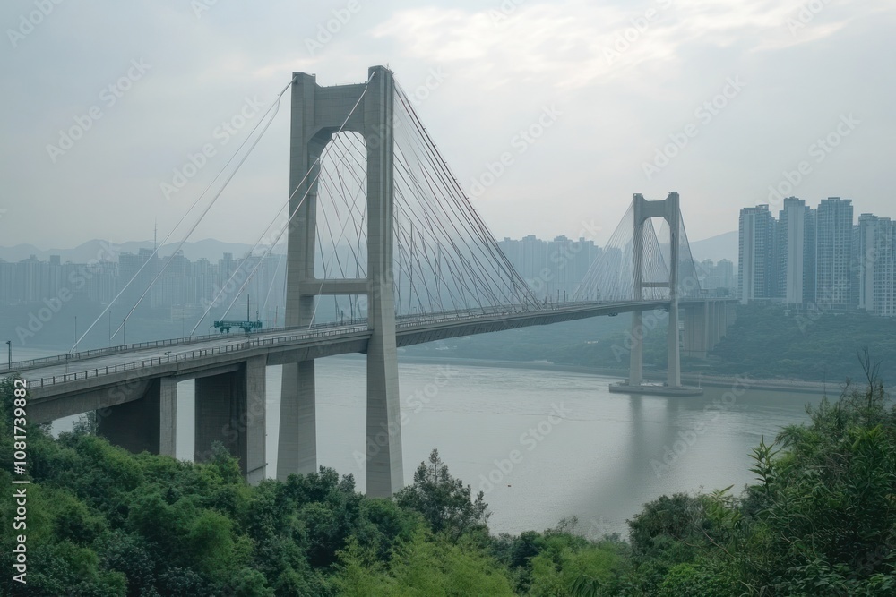 Obraz premium A cable-stayed bridge spans a river with a city skyline in the background.