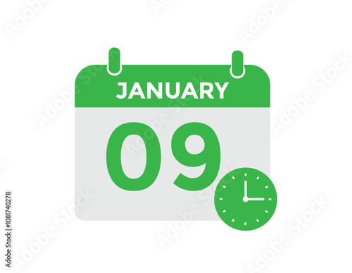 January 9 Calendar Day or Calender Date for Deadlines or Appointment. calendar date icon on white background.