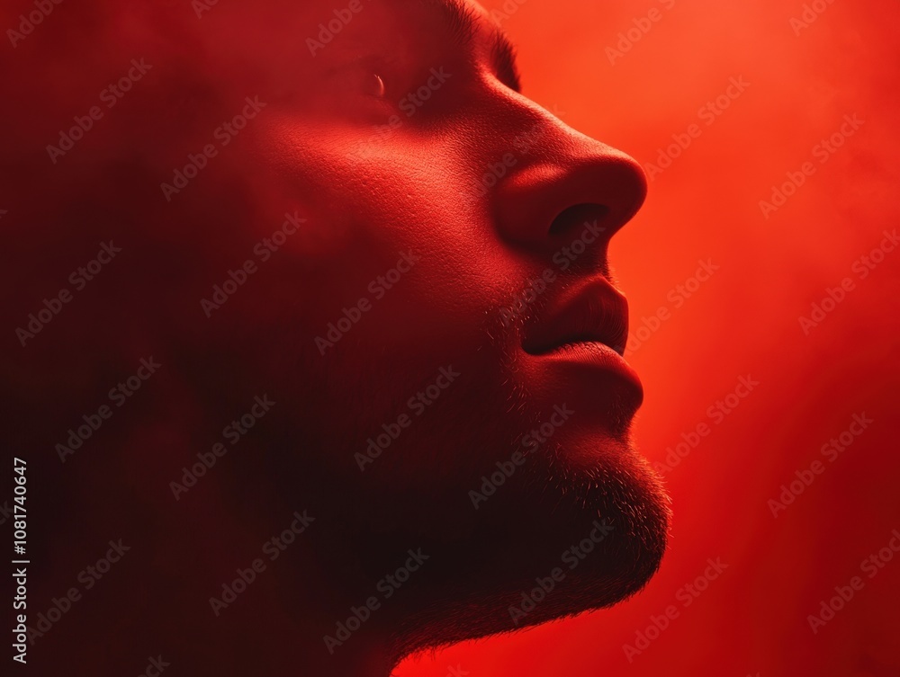 Close-up profile of a person's face in dramatic red lighting Close-up profile of a person's face in dramatic red lighting