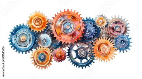  Watercolor of gears arranged on white background