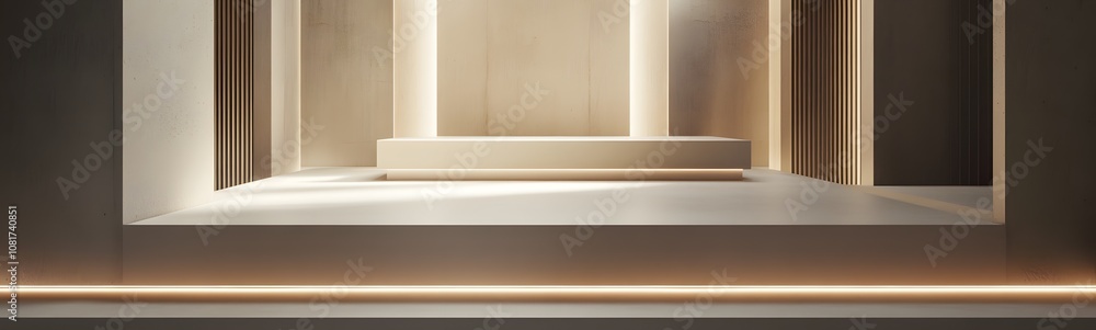 Obraz premium 99. A minimalist podium with a soft, neutral finish, surrounded by ambient light, creating ample space for product showcasing.