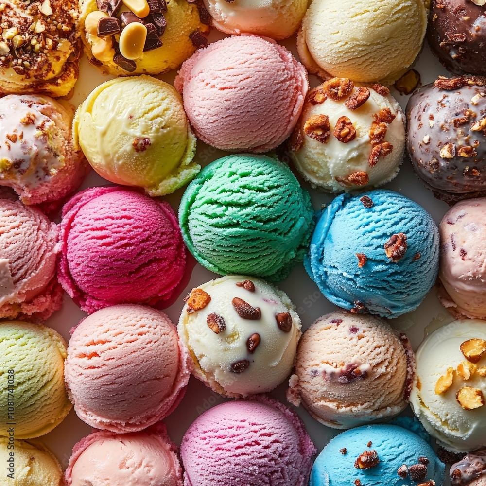 Variety of Vibrant Ice Cream Scoops with Toppings Variety of Vibrant Ice Cream Scoops with Toppings