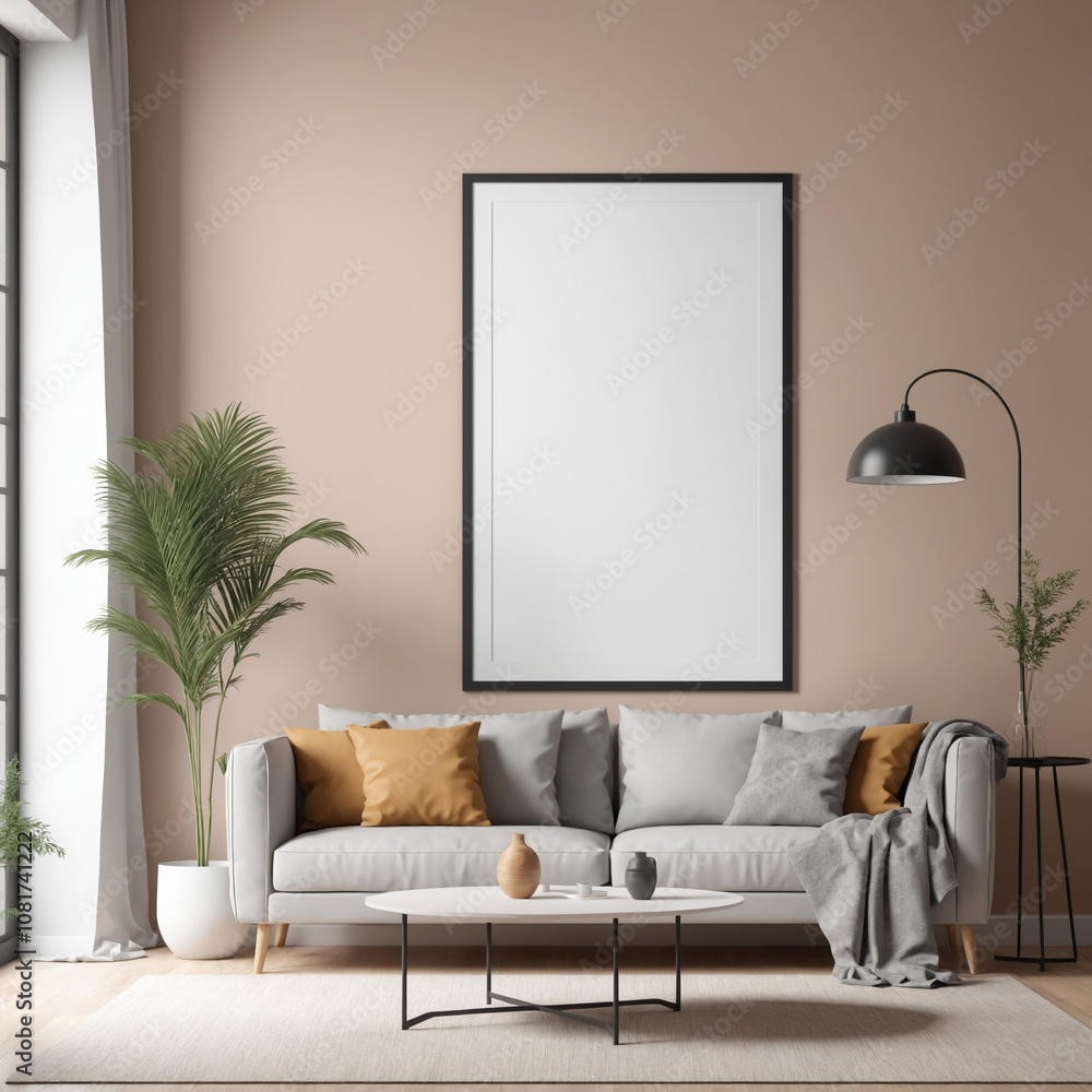 A minimalist living room with a white sofa, a round coffee table, and a large vertical frame on a beige wall. The room features a large window with curtains, a potted palm plant, and a black floor lam A minimalist living room with a white sofa, a round coffee table, and a large vertical frame on a beige wall. The room features a large window with curtains, a potted palm plant, and a black floor lam