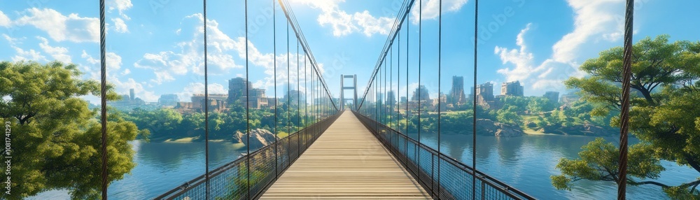 A scenic view of a glass bridge stretching over a river, surrounded by greenery and buildings. A scenic view of a glass bridge stretching over a river, surrounded by greenery and buildings.
