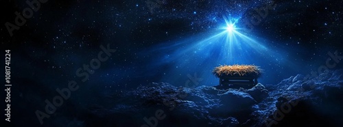 Glowing Star over Manger, Nativity Scene, Jesus Birth, Christian Christmas Night, Hope, Salvation, Emmanuel, Messiah, Bethlehem, Holy, Religious Banner, Copy Space