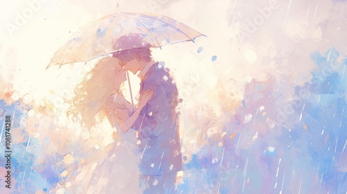 A couple stands close together under an umbrella in the rain, sharing a tender moment.
