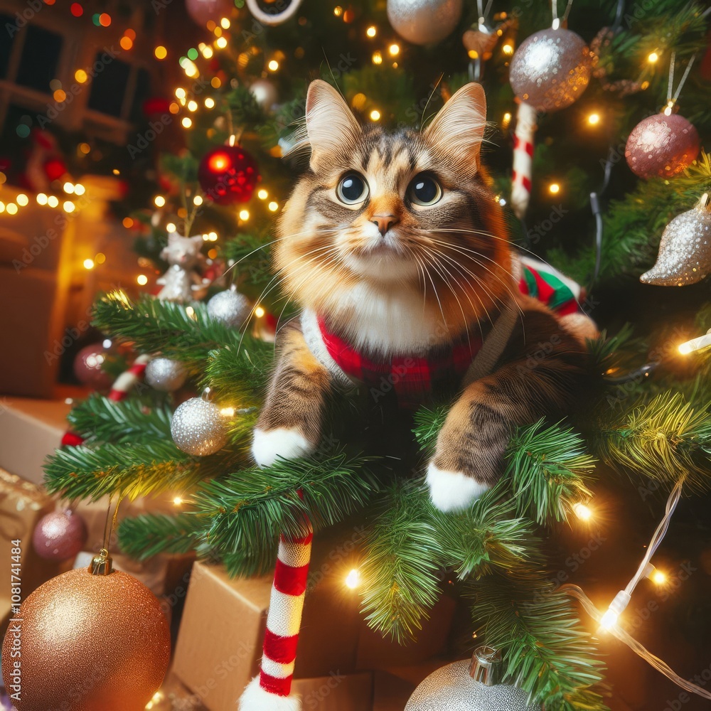 Playful cat enjoying the festive mood at the Christmas tree - quirky holiday scene with curious feline friend Playful cat enjoying the festive mood at the Christmas tree - quirky holiday scene with curious feline friend
