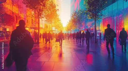 Silhouettes of people walking on a colorful city street at sunset.