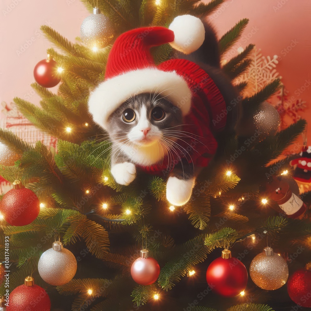 Playful cat enjoying the festive mood at the Christmas tree - quirky holiday scene with curious feline friend Playful cat enjoying the festive mood at the Christmas tree - quirky holiday scene with curious feline friend