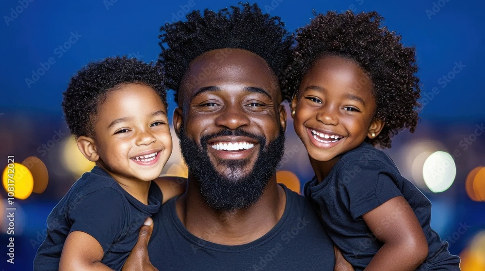 A joyful father poses with his two smiling children, showcasing their vibrant personalities against a blurred background. A joyful father poses with his two smiling children, showcasing their vibrant personalities against a blurred background.