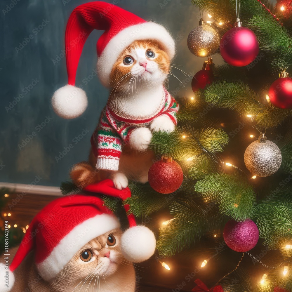 Playful cat enjoying the festive mood at the Christmas tree - quirky holiday scene with curious feline friend Playful cat enjoying the festive mood at the Christmas tree - quirky holiday scene with curious feline friend