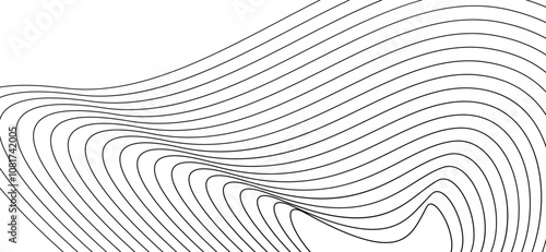 Abstract wave pattern, flowing lines, black and white, minimalist design, organic curves, ripple effect, topographic contours, undulating stripes, optical illusion, dynamic movement
