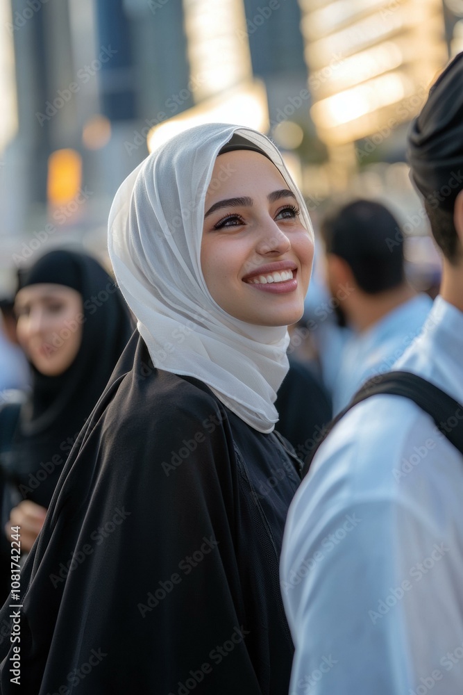 A woman in a headscarf smiles and looks up. AI. A woman in a headscarf smiles and looks up. AI.