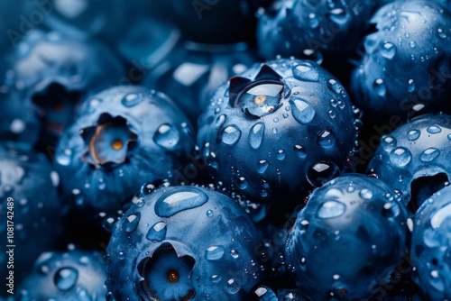 A close-up of fresh, plump blueberries covered in water droplets, paired with green leaves, creating a vibrant and refreshing display of this healthy superfood.