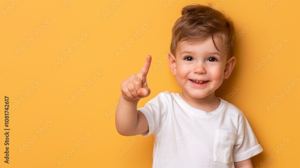 A cheerful little boy in a white t-shirt pointing to the side, standing against a bright yellow background, smiling with excitement and curiosity. A cheerful little boy in a white t-shirt pointing to the side, standing against a bright yellow background, smiling with excitement and curiosity.