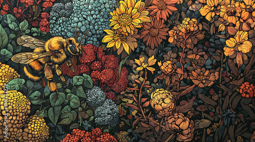 detailed image of bee pollinating vibrant flowers, showcasing nature beauty and importance of pollinators in ecosystem