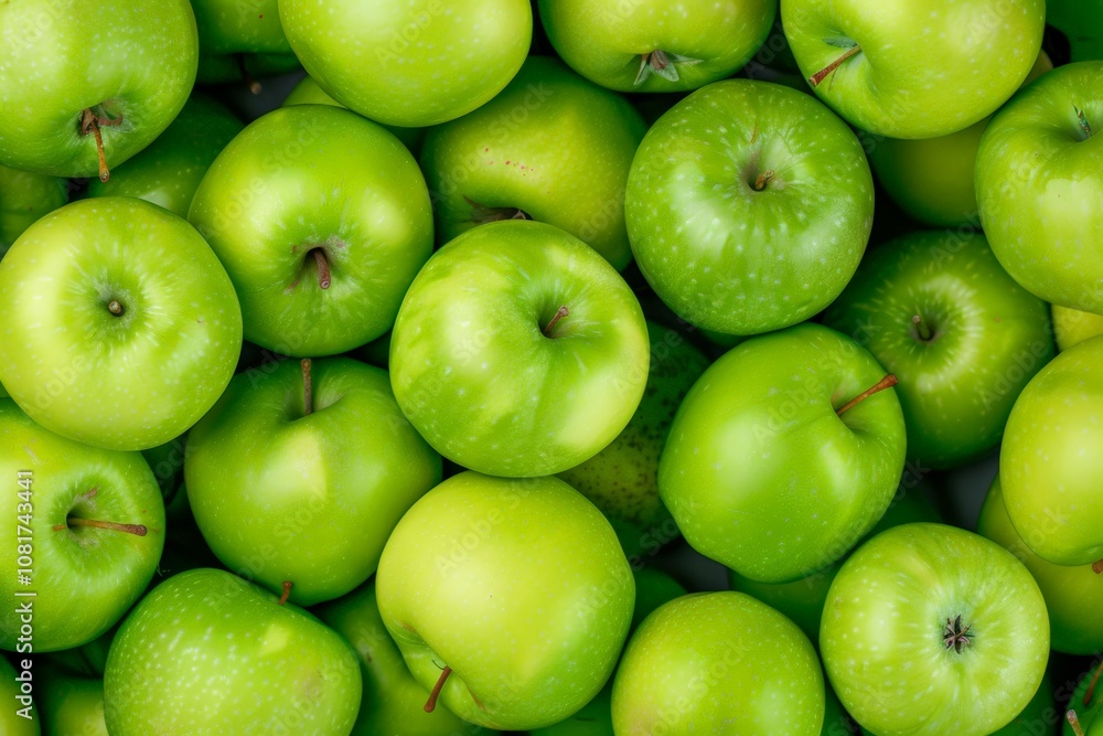 A top view of numerous green apples packed together, showcasing their fresh and vibrant color. Perfect for promoting healthy eating and fresh produce. A top view of numerous green apples packed together, showcasing their fresh and vibrant color. Perfect for promoting healthy eating and fresh produce.