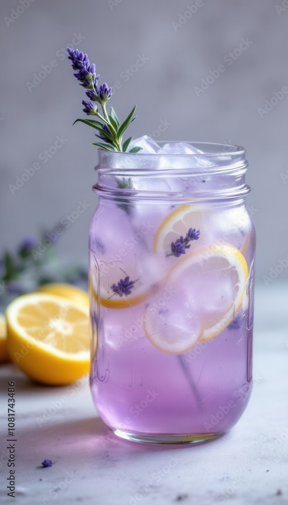 Refreshing Lavender Lemonade in Glass Jar with Lemon and Ice Refreshing Lavender Lemonade in Glass Jar with Lemon and Ice