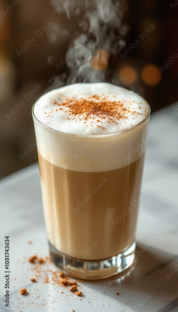 Frothy Cinnamon Latte with Steaming Foam in Glass Mug Frothy Cinnamon Latte with Steaming Foam in Glass Mug