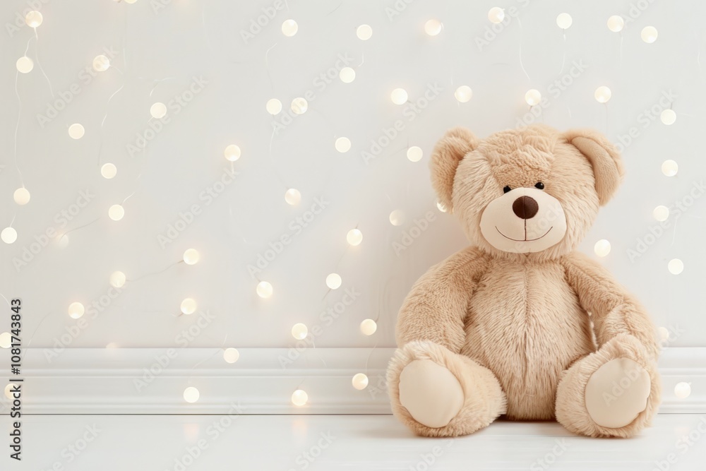 A plush teddy bear sits against a soft, light-filled background with fairy lights. The cozy, minimal setting creates a warm and comforting atmosphere, perfect for a childs room. A plush teddy bear sits against a soft, light-filled background with fairy lights. The cozy, minimal setting creates a warm and comforting atmosphere, perfect for a childs room.