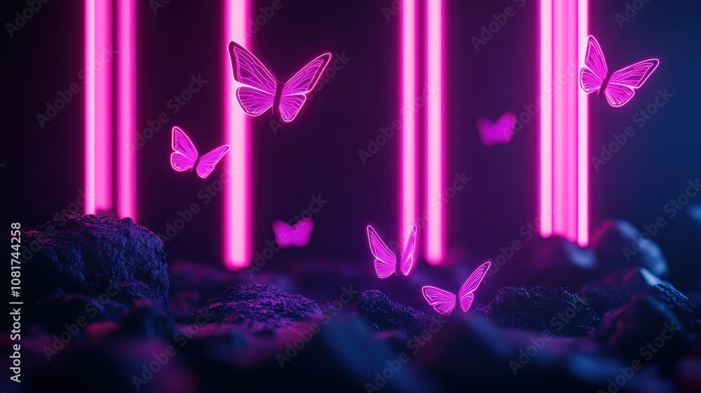 Fototapeta premium A digital vibrant pink neon butterflies fluttering against dark rock formations, illuminated by striking vertical neon beams, blending nature and technology.