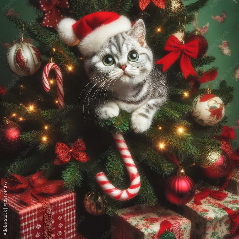 Playful cat enjoying the festive mood at the Christmas tree - quirky holiday scene with curious feline friend Playful cat enjoying the festive mood at the Christmas tree - quirky holiday scene with curious feline friend