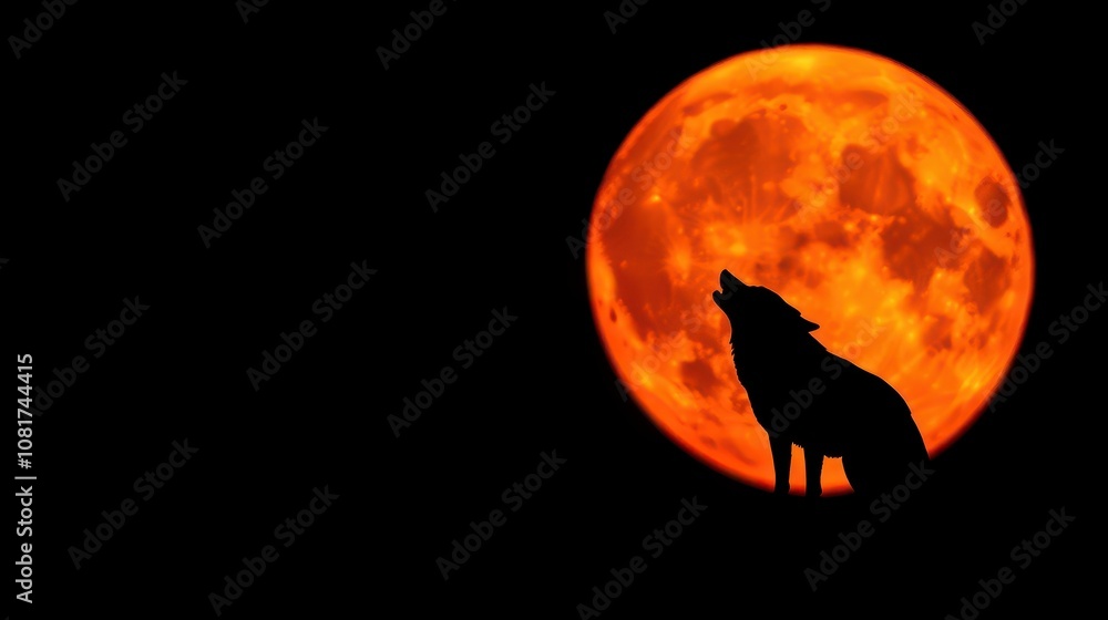 A striking silhouette of a wolf howling at a vibrant orange full moon, set against a dark backdrop. image evokes wilderness and mystery, ideal for wildlife and folklore themes. A striking silhouette of a wolf howling at a vibrant orange full moon, set against a dark backdrop. image evokes wilderness and mystery, ideal for wildlife and folklore themes.