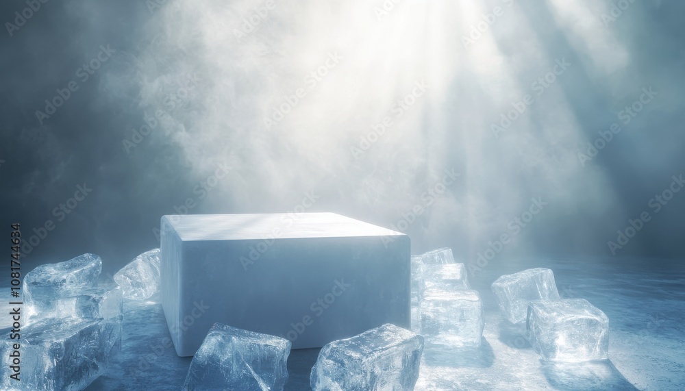 Pristine white circular podium amidst a sea of oversized ice cubes – the epitome of cool, minimalist presentation Pristine white circular podium amidst a sea of oversized ice cubes – the epitome of cool, minimalist presentation