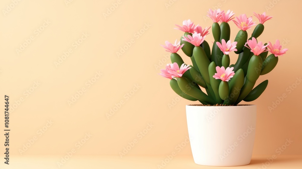 A vibrant cactus in a sleek white planter contrasts against a soft peach background. Its rich green bodies and delicate pink flowers add a refreshing touch to any space. A vibrant cactus in a sleek white planter contrasts against a soft peach background. Its rich green bodies and delicate pink flowers add a refreshing touch to any space.