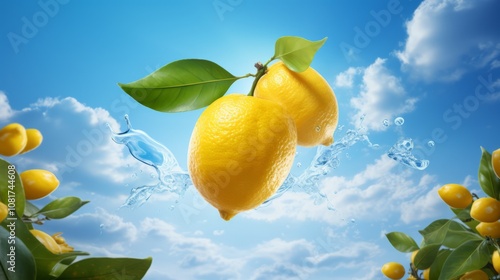 Lemons on a branch with leaves on a background of blue sky with clouds