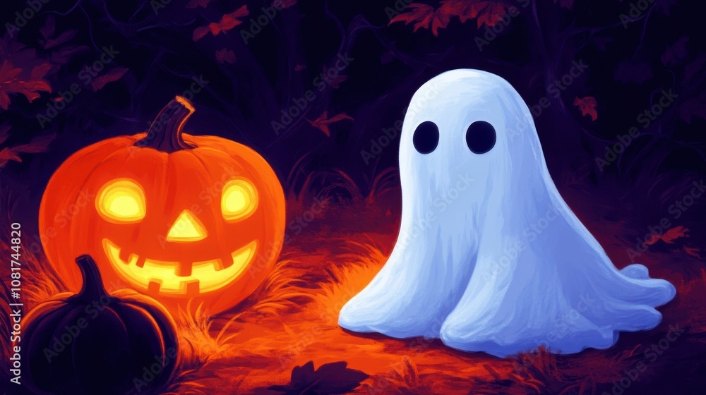 A whimsical Halloween a glowing jack-o'-lantern with a cheerful face next to a cute ghost, set in a dark forest filled with autumn leaves, blending cozy and spooky vibes. A whimsical Halloween a glowing jack-o'-lantern with a cheerful face next to a cute ghost, set in a dark forest filled with autumn leaves, blending cozy and spooky vibes.