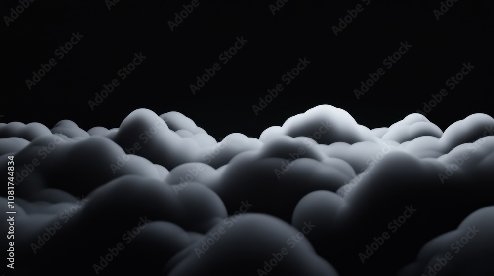 Fototapeta premium An abstract composition of soft, billowing cloud-like formations in shades of gray and white against dark background, evoking tranquility and mystery for creative projects.