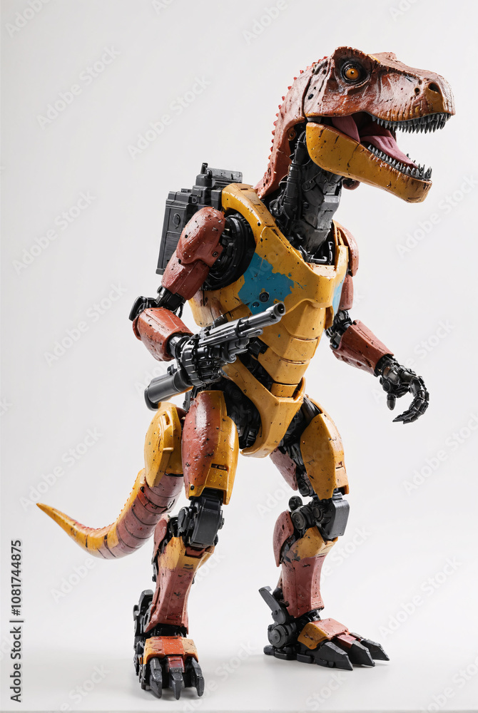 A toy dinosaur with a gun in its mouth. A toy dinosaur with a gun in its mouth.