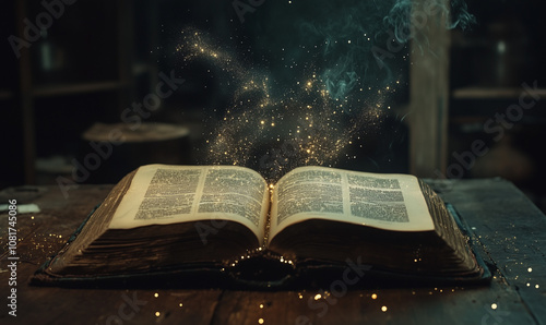 Open magical antique book on a wooden table with glowing light