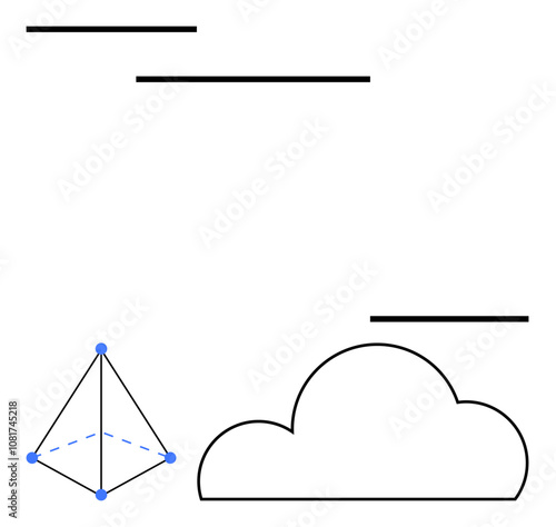 Geometric pyramid and cloud with horizontal lines. Ideal for web design, technology concepts, minimalistic art, data visualization, cloud computing, educational materials, design inspiration. Line