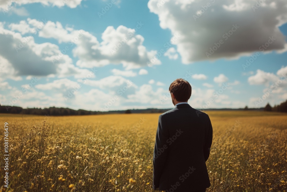 A man in formal attire gazes over a vast field of yellow flowers, surrounded by a beautiful rural landscape under a bright blue sky filled with clouds A man in formal attire gazes over a vast field of yellow flowers, surrounded by a beautiful rural landscape under a bright blue sky filled with clouds