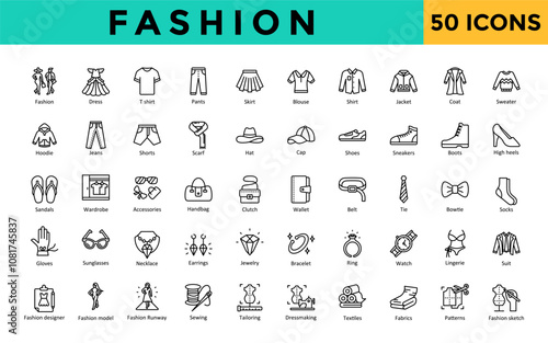 Fashion icons set with fashion, dress, t shirt, pants, skirt, blouse, shirt, jacket, coat, sweater icon. Simple line vector 
