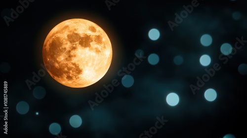 Glowing golden full moon hangs in dark, starry sky, its detailed surface. soft bokeh effectects in shades of blue enhance the serene beauty of the night.