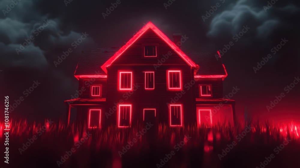 Image of house bathed in vibrant red light under dark clouds, surrounded by shadowy grasses. scene evokes mystery and suspense, ideal for halloween projects or horror themes. Image of house bathed in vibrant red light under dark clouds, surrounded by shadowy grasses. scene evokes mystery and suspense, ideal for halloween projects or horror themes.