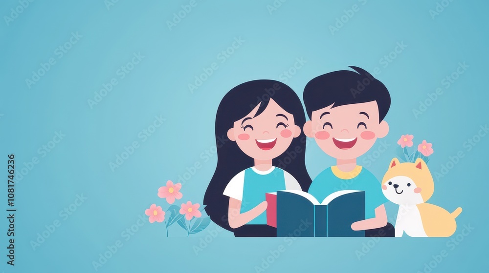 Joyful illustration of two children, boy and girl, sharing large book amid colorful flowers and friendly cat, promoting themes of reading, friendship, and education. Joyful illustration of two children, boy and girl, sharing large book amid colorful flowers and friendly cat, promoting themes of reading, friendship, and education.