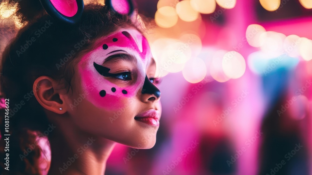 A young girl with colorful face paint and bunny ears gazes thoughtfully at a vibrant, illuminated backdrop filled with soft, glowing lights. A young girl with colorful face paint and bunny ears gazes thoughtfully at a vibrant, illuminated backdrop filled with soft, glowing lights.