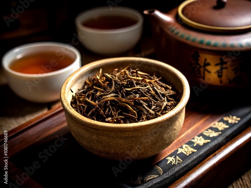 Golden Eyebrows Black Tea, Low Light, Wi Yi Shan,  Hua Xiang Jin Jun,  Chinese Tea,  Still Life,  Ambient Lighting,  Photography photo